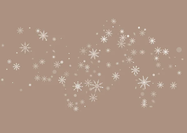 On a beige background are scattered openwork white openwork snowflakes. Festive background, postcard design, wallpaper — Διανυσματικό Αρχείο