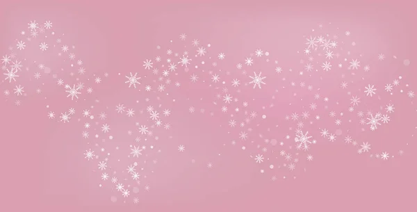 透かし彫りの白いレース状の雪片がピンクの背景に散在しています。お祭りの背景,ポストカードデザイン,壁紙 — ストックベクタ