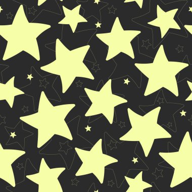 Dağılmış parlak yıldızlar. Paket kağıdı için alışılmadık bir şablon, kumaş çizimi, çocuk alanı dekorasyonu