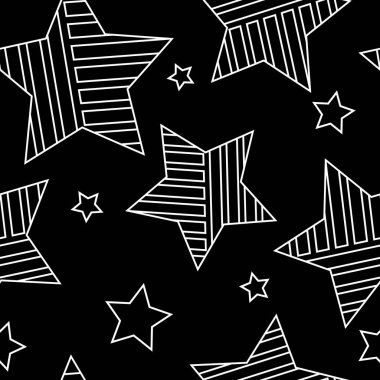 Dağılmış parlak yıldızlar. Paket kağıdı için alışılmadık bir şablon, kumaş çizimi, çocuk alanı dekorasyonu