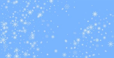 Noel arkaplanı. Mavi arka planda beyaz, narin kar taneleri uçuşuyor. Yeni yıl şenlik tasarımı