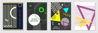 Geometrik kapak tasarımı, hazır. Memphis tarzında soyut sıradışı bir geçmiş. Rastgele sıralanmış parlak geometrik şekiller