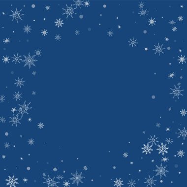 Noel arkaplanı. Mavi arka planda beyaz, narin kar taneleri uçuşuyor. Yeni yıl şenlik tasarımı