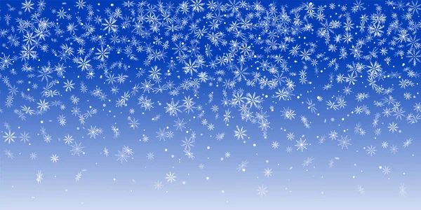 White delicate openwork snowflakes are scattered on a blue background. Festive background, postcard design, wallpaper — Stock Vector