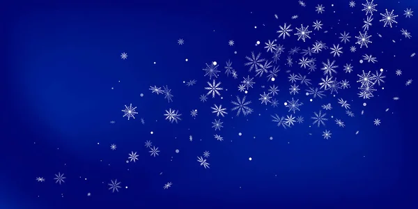 White delicate openwork snowflakes are scattered on a blue background. Festive background, postcard design, wallpaper — Stock Vector