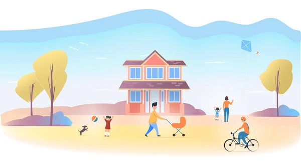 Vacanza Casa Famiglia Illustrazione Vettoriale Persone Che Hanno Riposo Vicino — Vettoriale Stock