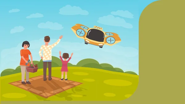 Taksi Terbang Menjemput Keluarga Setelah Piknik Rekreasi Keluarga Outdoor Drone - Stok Vektor