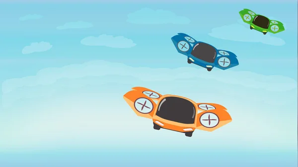 Racing Himlen Flygande Sportbilar Futuristisk Teknologi Tecknad Sammansättning Platt Stil — Stock vektor