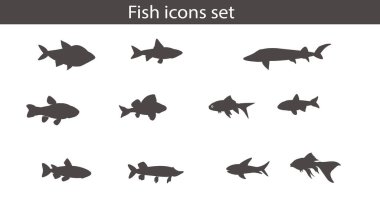 Balık simgeleri ayarlandı. Siyah renk. Vektör hisse senedi çizimi. Düz dizayn. Beyaz arka plan. Köpekbalığı. Japon Balığı. İzole edilmiş. Sembol ya da işaret..