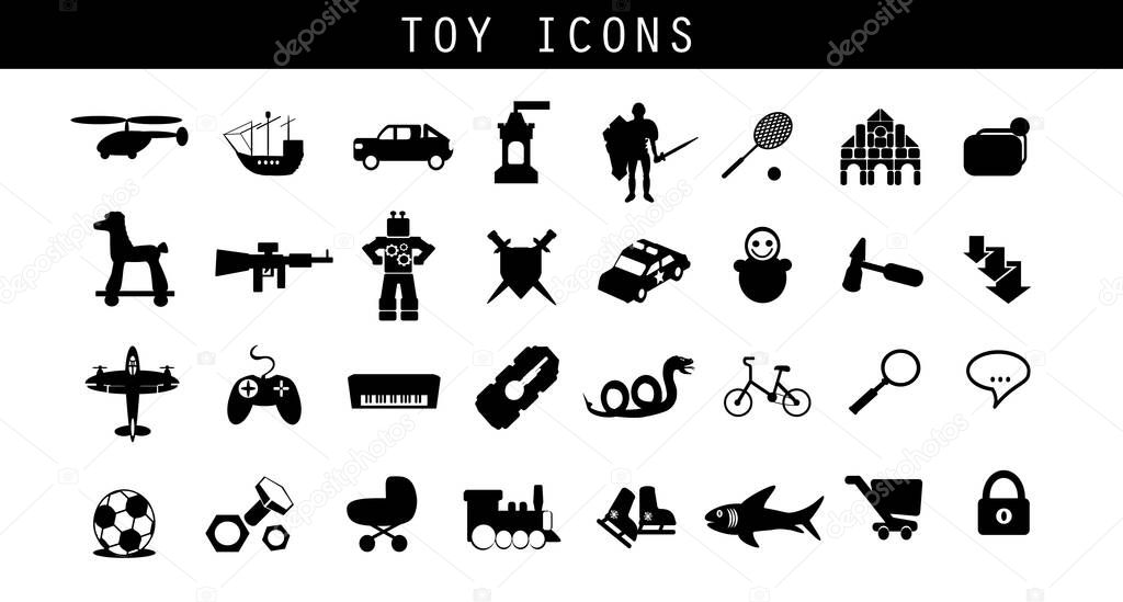 Toy icons set. Black color. Flat. Vector stock illustration. White background. Isolated.