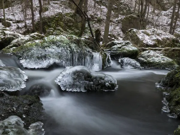 Rio Rochoso Com Gelo Cercado Por Floresta Coberta Neve — Fotografia de Stock