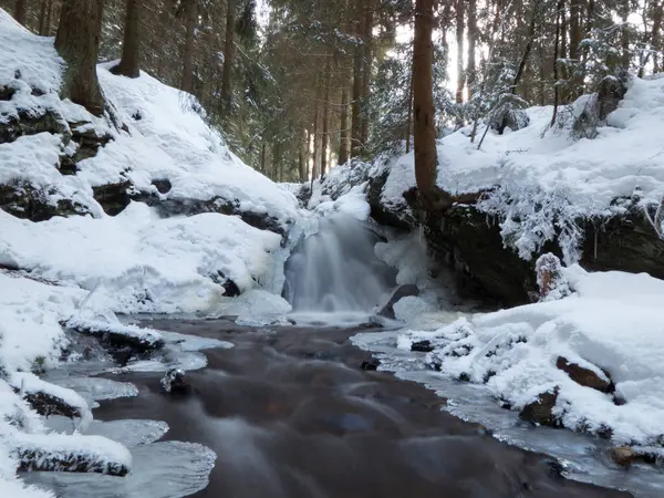 岩石河流 冰封着积雪的森林 — 图库照片