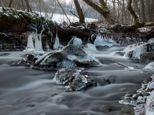Rio Rochoso Com Gelo Cercado Por Floresta Coberta Neve — Fotografia de Stock