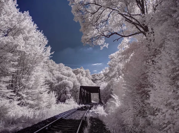 Getönte Aufnahme Von Landschaft Mit Eisenbahn Und Blauem Bewölkten Himmel — Stockfoto