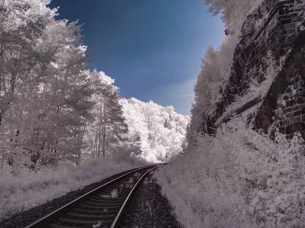 Getönte Aufnahme Von Landschaft Mit Eisenbahn Und Blauem Bewölkten Himmel — Stockfoto