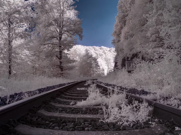 鉄道と青い曇り空の風景のトーンショット — ストック写真