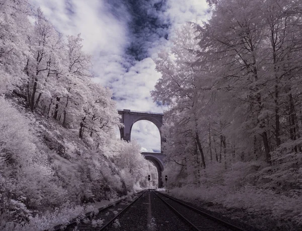 Getönte Aufnahme Von Landschaft Mit Eisenbahn Und Blauem Bewölkten Himmel — Stockfoto
