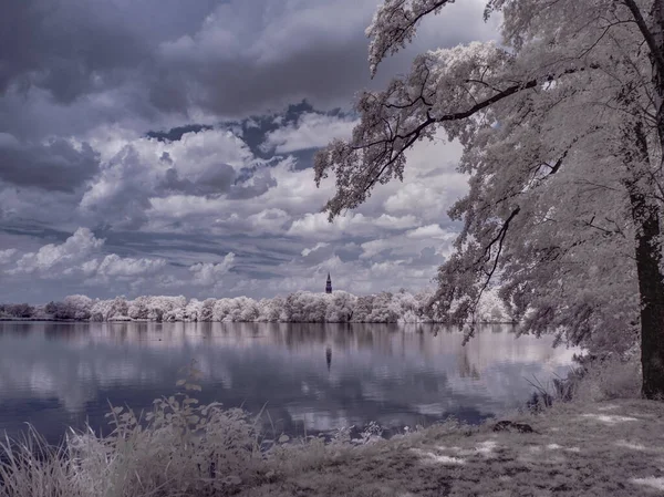 Plano Tonificado Lago Con Plantas Blancas Cielo Azul Nublado — Foto de Stock