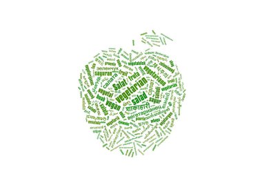 Bir çok farklı dilde vejetaryen kelimelerle vejetaryen kelime bulutundan yapılmış elma.