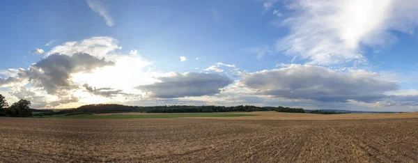 Vista Panorámica Del Campo Trigo Bajo Cielo Azul Nublado —  Fotos de Stock