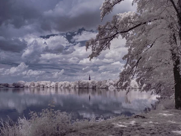 Monocromo Tonificado Disparo Lago Con Árboles Cielo Nublado — Foto de Stock