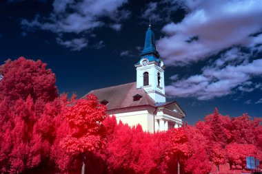 Bitkilerin ve ağaçların koyu kırmızı tonlarda parladığı rüya gibi bir manzaranın çarpıcı kızılötesi fotoğrafı. Sahte renk kızılötesi teknik yaratıcı tasarım, fantezi sanatı veya kavramsal projeler için mükemmel bir gerçeküstü, ruhani atmosfer yaratır..