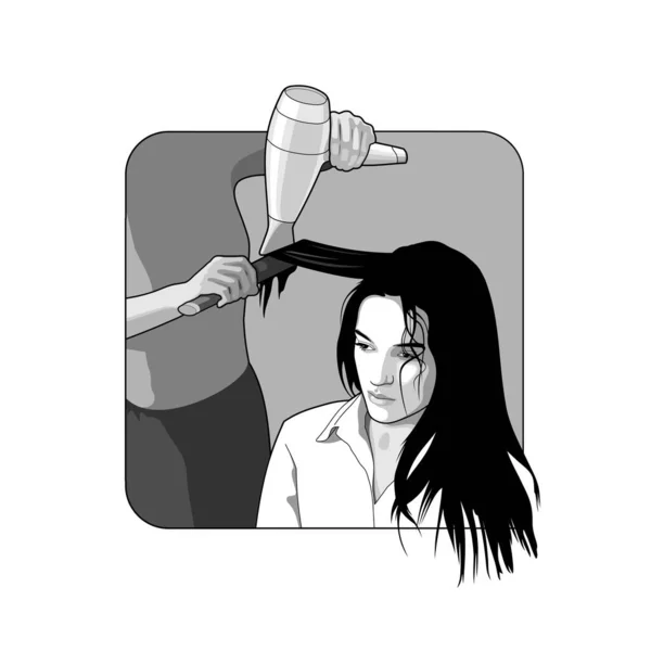女性の髪を乾かす ベクトルイラスト 美容室ヘアケア — ストックベクタ