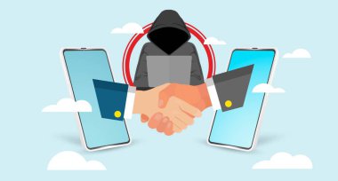 Hacker 'ın iki cep telefonunun el sıkışmasına nüfuz etmesinin vektör çizimi. Siber güvenlik kavramı. Güvenli olmayan bağlantı.