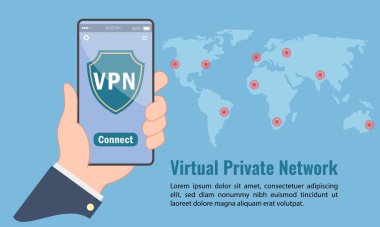 Güvenli ve korunan bir Sanal Özel Ağ 'a (VPN) cep telefonuyla bağlanan bilgisayar kullanıcısının görüntüsü.