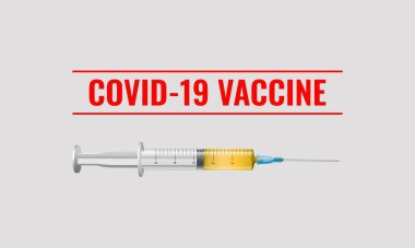 İlaç, aşı ve şırınga örneklerinin temsilcisi. Tıbbi Coronavirus Aşısı Bayrak Tasarımı: Aşı şişesi ve şırınga enjeksiyonuyla Covid-19 Corona virüs aşısı