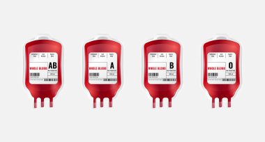 Beyaz arka planda izole edilmiş plastik kan torbasının vektör çizimi. Kan bağışı konsepti. Kan grubu AB, A, B ve O.