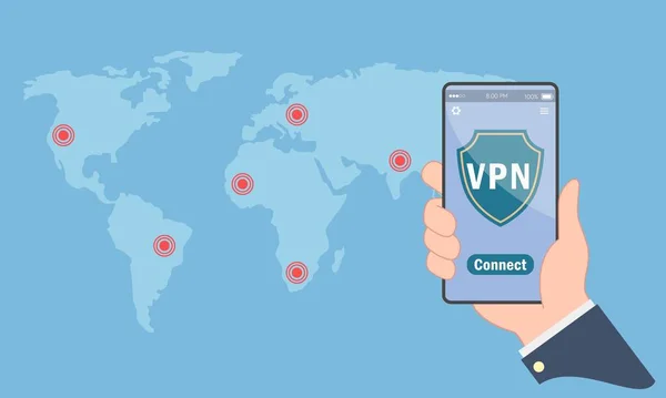 携帯電話を介して安全で保護された仮想プライベートネットワーク Vpn に接続するコンピュータユーザーのイラスト — ストックベクタ