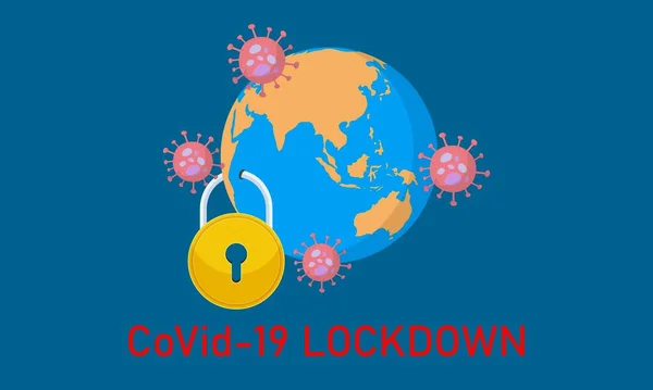 Ilustração Vetorial Covid19 Lockdown Terra Vírus Cadeado Ataque Vírus Pandemia — Vetor de Stock