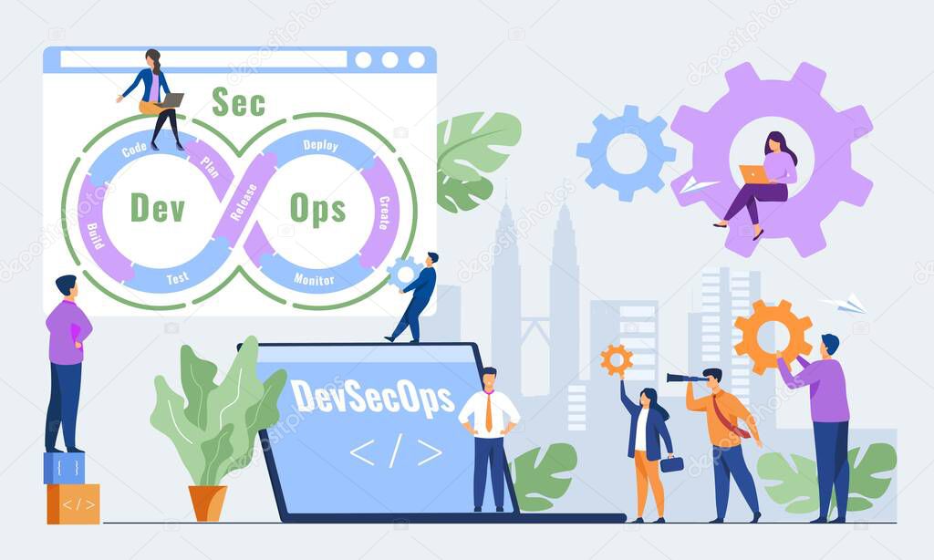 Vector illustration of DevSecOps methodology of a secure software development process works. Cybersecurity concept.