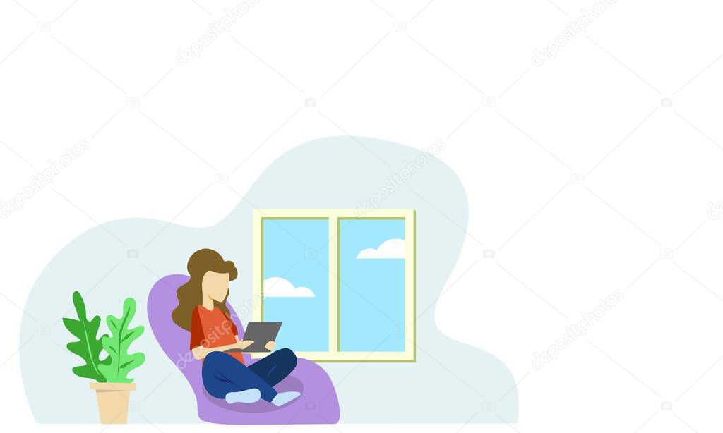 Vector illustration of Work from home concept. Woman sitting on a bean bad and using laptop.