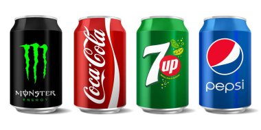 Vector illustration of classic Monster Enegy, Coca-Cola, Pepsi and 7Up can isolated on white background for editorial use clipart