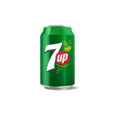 Beyaz arka planda 7 UP konservesi. Pepsi şirketi PepsiCo tarafından üretilen bu içecek..