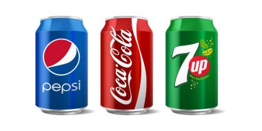 Klasik Coca-Cola, Pepsi ve 7 'nin vektör illüstrasyonu, yazı işleri için beyaz arkaplanda izole edilebilir.