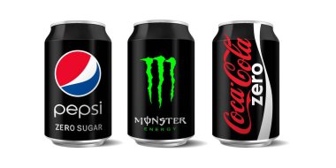 Ccoca-cola sıfır, canavar enerjisi ve Pepsi sıfır şekerin vektör illüstrasyonu, yazı işleri için beyaz arka planda izole edilebilir