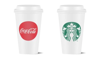 Vector illustration of Coca Cola and Starbucks white paper cup isolated on white background. Coke is the world's popular carbonated drinks. Starbucks is the world's popular coffee. 	