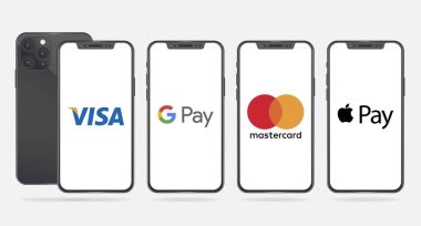 Farklı mobil online alışveriş uygulaması logolarına sahip Apple Iphone: Visa Pay, Mastercard Pay, Google Pay ve Apple Pay. Editör kullanımı için