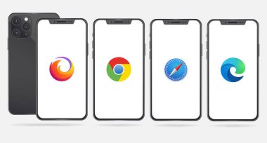 Popüler internet tarayıcı uygulama logoları olan Apple Iphone 2020; mozilla firefox, google krom, safari ve mikrosoft kenarı. Editör kullanımı için. 