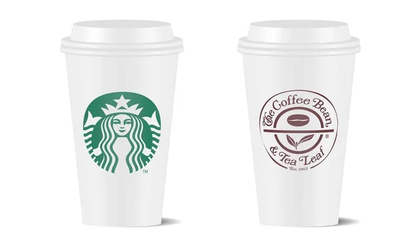 Vektor Illustration Kaffebönor Och Starbucks Vit Pappersmugg Isolerad Vit Bakgrund — Stock vektor