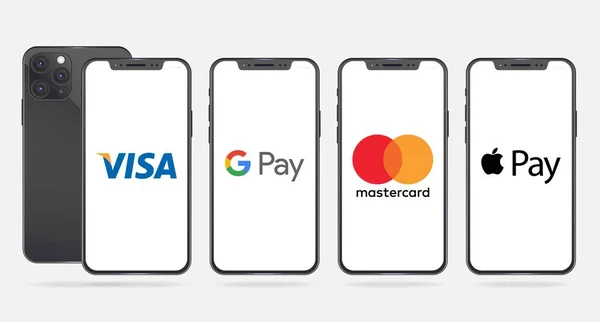 Apple Iphone Různými Logy Online Nákupních Aplikací Visa Pay Mastercard — Stockový vektor