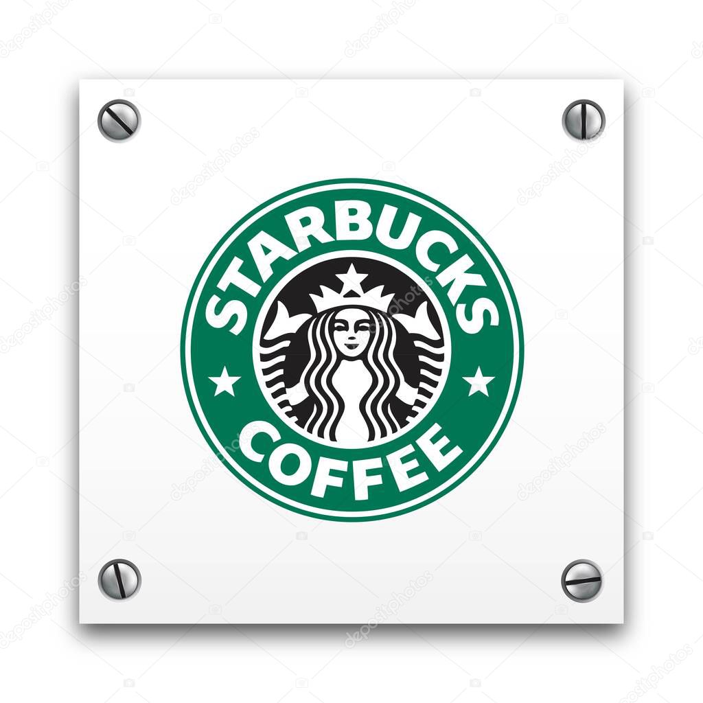 Illustration of Starbucks Coffee signage logo isolated on a white plate. Food and Drinks concept. Illustrative editorial use.