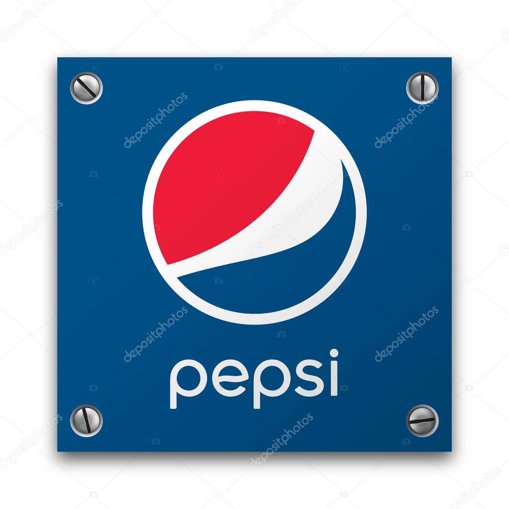 Illustration of Pepsi Cola signage logo isolated on a blue plate. Food and Drinks concept. Illustrative editorial use.