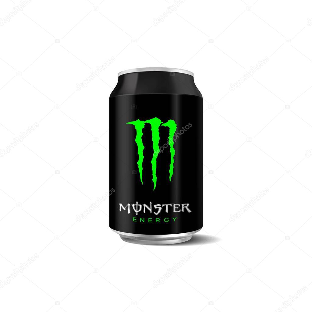 Vector illustration of Monster Energy Drinks can isolated on white background for editorial use.