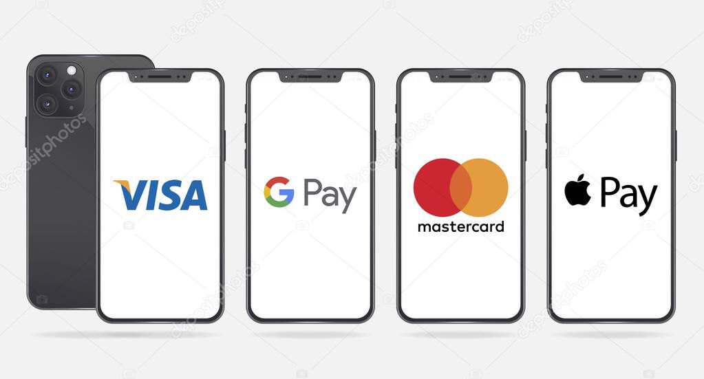 Apple Iphone with different mobile online shopping application logos: Visa Pay, Mastercard Pay, Google Pay and Apple Pay. For editorial use