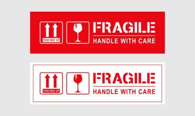 Vector illustration of Fragile, Handle with Care or Package Label stickers set. Red and white colour set. Banner format.  clipart