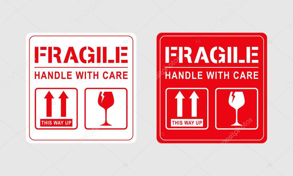 Vector illustration of Fragile, Handle with Care or Package Label stickers set. Red and white colour set. Banner format. 